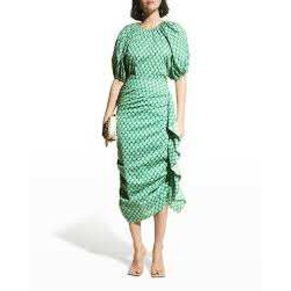Rhode Resort Set Womens S/4 Green Floral Puff Sleeve Top & Felicity Ruched Skirt